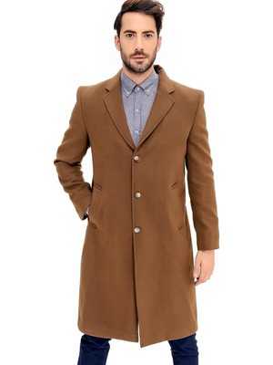 Dewberry Plt8363 Erkek Palto Uzun Kol Camel Renk Yün Polyester Malzemeden Düz Desenli Şık Tasarım