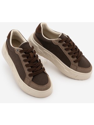 Marjin Kadın Sneaker Süet Yüksek Kalın Desenli Ultra Hafif Taban Bağcıklı Spor Ayakkabı Keten Noska Kahve