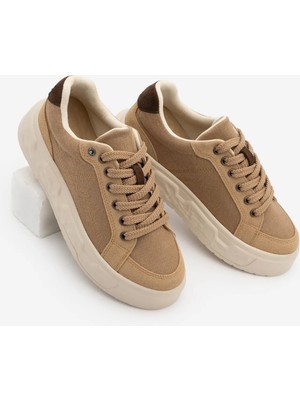Marjin Kadın Sneaker Süet Yüksek Kalın Desenli Ultra Hafif Taban Bağcıklı Spor Ayakkabı Keten Noska Camel