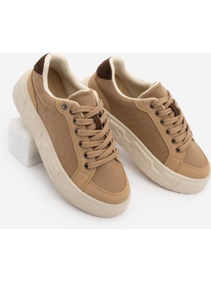 Marjin Kadın Sneaker Süet Yüksek Kalın Desenli Ultra Hafif Taban Bağcıklı Spor Ayakkabı Keten Noska Camel