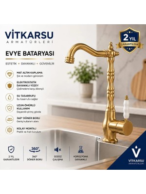 Retro Altın Eviye Bataryası Döner Başlıklı Mat Altın Mutfak Bataryası