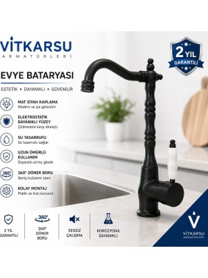 Retro Siyah Eviye Bataryası Döner Başlıklı Mat Siyah Mutfak Bataryası