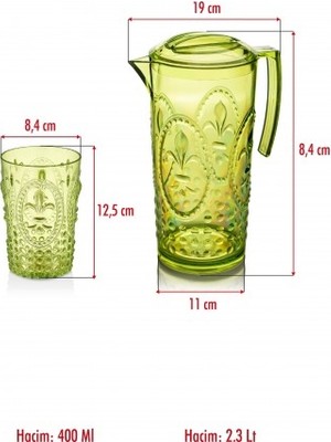 Bezos Akrilik Yeşil Sürahi 2,3 Lt ve 6'lı & Su Meşrubat Kahve Yanı Bardağı 400 ml Seti