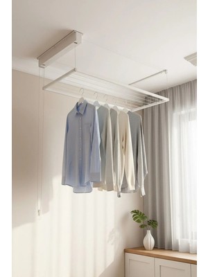 Askur Tavana Monte Asansörlü Çamaşır Askılığı 70x200 cm 6 Askı İpi Beyaz