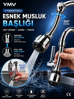 YMV Tasarruflu Musluk Başlığı Esnek Yapı 360 Derece Hareketli 2 Fonksiyonlu Mutfak Lavabo Batarya Çeşme Başlığı