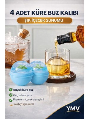 4 Paket Buz Topu Üreticisi, Viski Buz Kalıbı, Silikon Buz Küpü Tepsisi, Viski ve Kokteyller Için Küre Buz Kalıbı