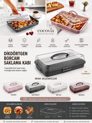 Cocovia Dikdörtgen Borcam Saklama Kabı | Pasta Börek Taşıma Kilitli 40 x 28 x 9 cm Özellikli