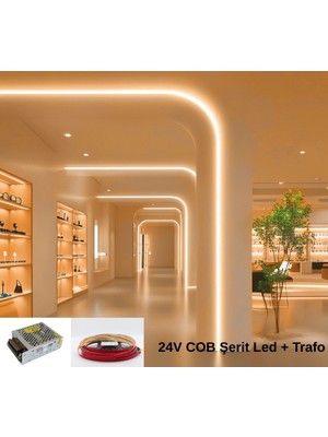 RISHANG Cob Şerit LED 24V ve Metal Trafo Kiti – 5 Metre Set - Metrede 480 LED – Yüksek Crı > 90 – Noktasız Aydınlatma