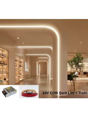 RISHANG Cob Şerit LED 24V ve Metal Trafo Kiti – 5 Metre Set - Metrede 480 LED – Yüksek Crı > 90 – Noktasız Aydınlatma