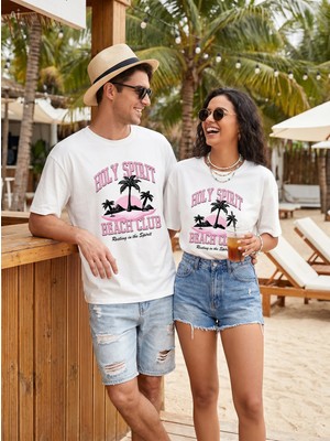 Hena Sunset Beach Spirit Beyaz Oversize Unisex Baskılı Tişört