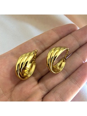 Lorivelle Vıp Üçlü Sarmal Burgu Halka Küpe Çelik 14K Altın Rengi Vintage Kararmaz