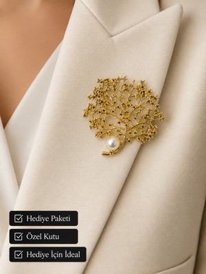 Herşey Nota Hediye Inci Detaylı Gold Yaprak Kadın Broşu Zirkon Taşlı Şık Tasarım