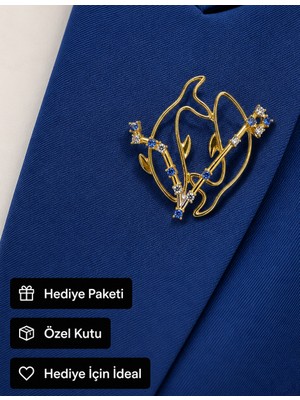 Herşey Nota Balık Burcu Kadın Broşu Hediye Mavi Taşlı Gold Renk Zirkon Taş Broş