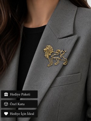 Herşey Nota Hediye Aslan Burcu Kadın Broş Gold Renk Taşlı Zodyak Rozet