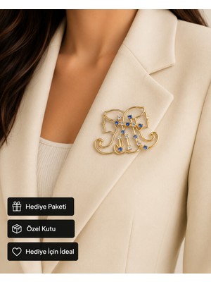 Herşey Nota Hediye Ikizler Burcu Kadın Broşu Mavi Taşlı Gold Renk Zirkon Rozet