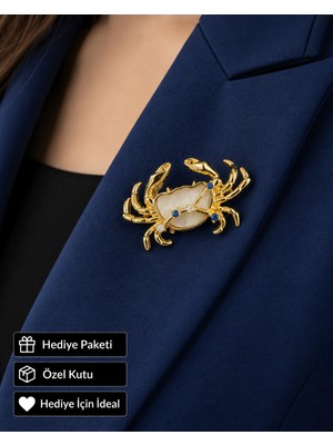 Herşey Nota Hediye Yengeç Burcu Kadın Broşu Gold Renk Zirkon Taşlı Rozet