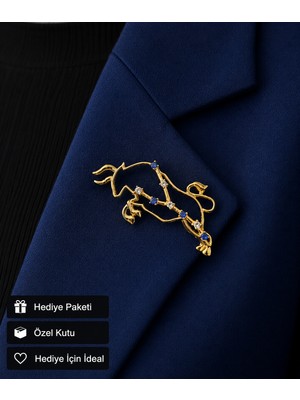 Herşey Nota Hediye Boğa Burcu Kadın Broşu Mavi Zirkon Taşlı Gold Renk Rozet