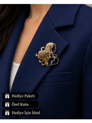 Herşey Nota Hediye Başak Burcu Kadın Broşu Gold Renk Zirkon Taşlı Astroloji Rozeti