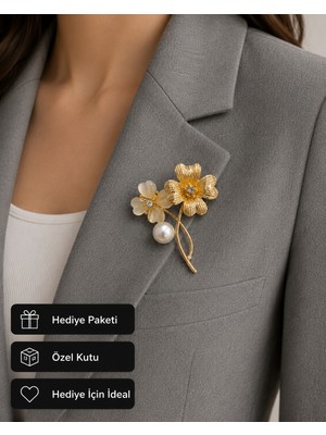 Herşey Nota Hediye Inci Detaylı Gold Çiçek Kadın Broşu Taşlı Şık Tasarım Rozet