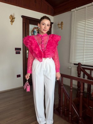 Arwey Volanlı Fırfırlı Pembe Gömlek