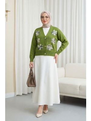 Moda Morfo Önü Pul Ve Çiçek Detaylı Düğmeli Triko Hırka    -Haki