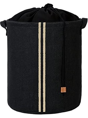 Esranın Dünyası Ocean Home Textile Ağzı Büzgülü Çizgili Siyah Renk Jüt Çamaşır Sepeti 36 x 40 cm