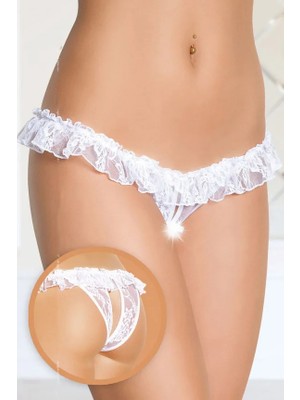 Roberto Bacıo Fantezi Üstü Fırfırlı Ağı Açık Beyaz Dantel Tanga - String BC0021