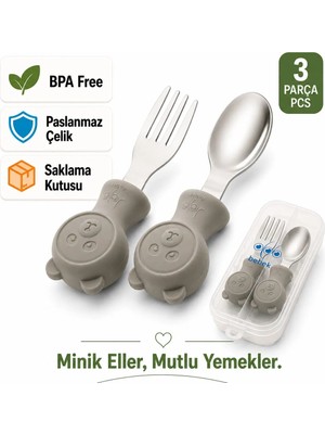 Jojobebek Gri Renk Ayıcık Figürlü Premium Çocuk BPA Free Silikon Sap Paslanmaz Çelik Uçlu Çatal-Kaşık Set ve Saklama Kutusu 9+ Ay