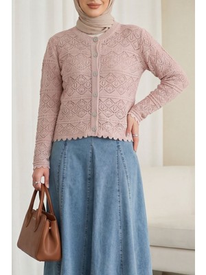 Moda Morfo Düğmeli Desenli Ajurlu Triko Hırka  -Pudra