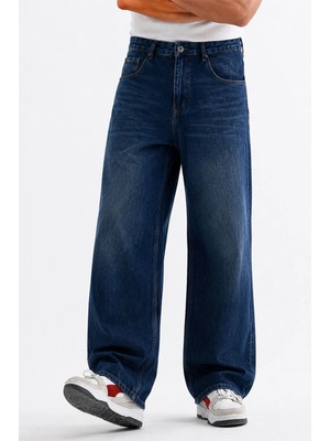 Erkek Lacivert Baggy Bol Kot Pantolon Bol Paça
