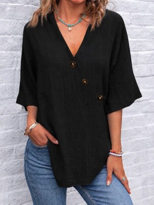 Alyn Wear Kadın Kısa Kollu V Yakalı Düğmeli Bluz
