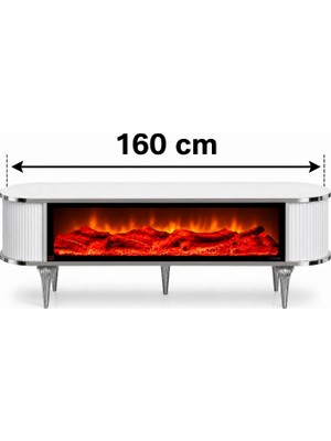 Lüks - Şömineli Tv Sehpası Ünitesi -160 cm - Beyaz Renk Krom Detaylı