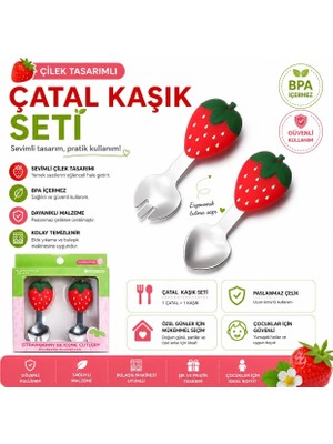 Jojobebek Çilek Figürlü Premium Çocuk Bpa Free Silikon Sap Paslanmaz Çelik Uçlu Çatal-Kaşık Set 9+ Ay