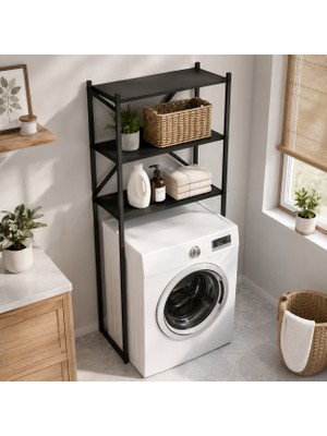 Ayz Braga Metal 3 Çamaşır Makinesi Üstü Düzenleyici Raf Beyaz Banyo Düzenleyici Dolap Siyah
