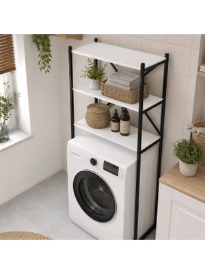 Ayz Braga Metal 3 Çamaşır Makinesi Üstü Düzenleyici Raf Beyaz Banyo Düzenleyici Dolap Siyah