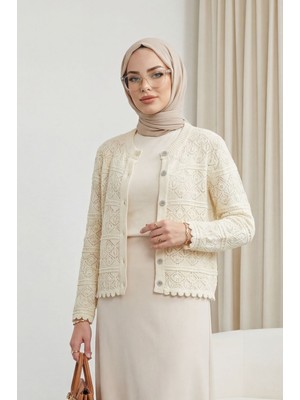 Moda Morfo Düğmeli Desenli Ajurlu Triko Hırka  -Krem