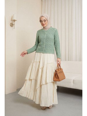 Moda Morfo Düğmeli Desenli Ajurlu Triko Hırka  -Mint