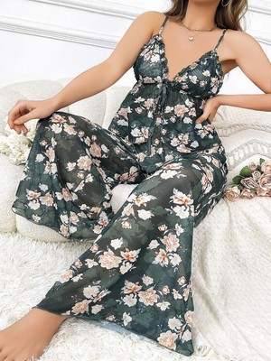 Çamaşır Kenti Özel Tasarım Büyük Beden Çiçek Desenli Bol Kesim 2'li Pijama Takımı