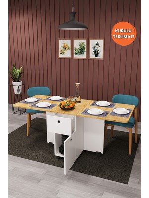 Asra Trend Lüks Katlanır Mutfak Yemek Masası %100 MDF Pratik Çekmeceli Çalışma Masası KM02