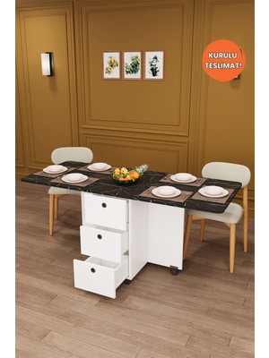 Asra Trend Lüks Katlanır Mutfak Yemek Masası %100 MDF Pratik Çekmeceli Çalışma Masası KM30