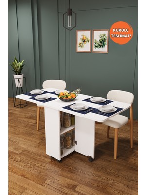 Asra Trend Lüks Katlanır Mutfak Yemek Masası %100 MDF Pratik Raflı Çalışma Masası KM12