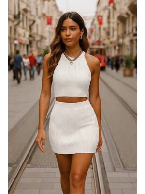 Çamaşır Kenti Kadın Sıfır Kol Crop Mini Etek Ikili Triko Takım