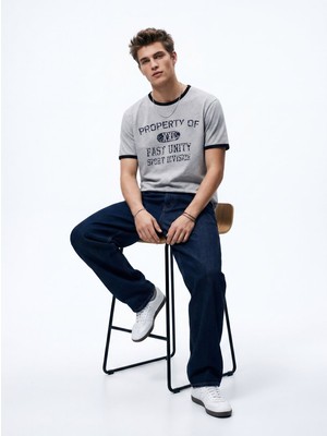 LTB Varsity Baskılı Biye Detaylı Relaxed Fit Gri T-Shırt