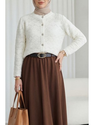 Moda Morfo Düğmeli Desenli Ajurlu Triko Hırka  -Beyaz