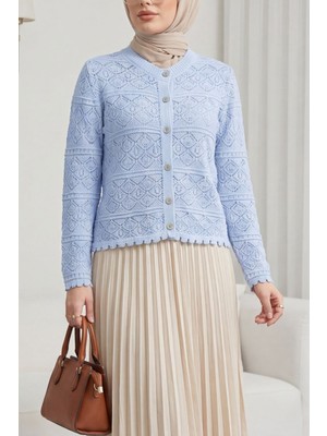 Moda Morfo Düğmeli Desenli Ajurlu Triko Hırka  -Bebe Mavi