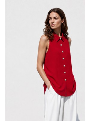 Sateen Halter Yaka Gömlek - Kırmızı