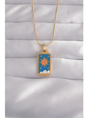 316L Çelik Gold Renk Mavi Mineli Güneş Model Tarot Kolye 5886