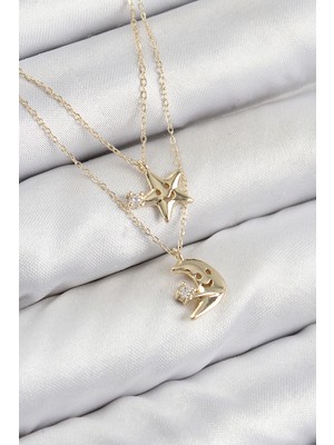 Pirinç Zirkon Taşlı Yıldız ve Ay Model Gold Renk Kadın Kolye 5886