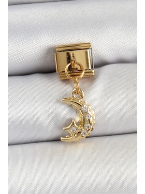 316L Çelik Sallantılı Zirkon Taşlı Ay Model Gold Renk Nomination Charm 5886