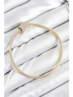 Pirinç Charm Zirkon Taşlı Yıldız Model Gold Renk Kadın Bileklik 5886